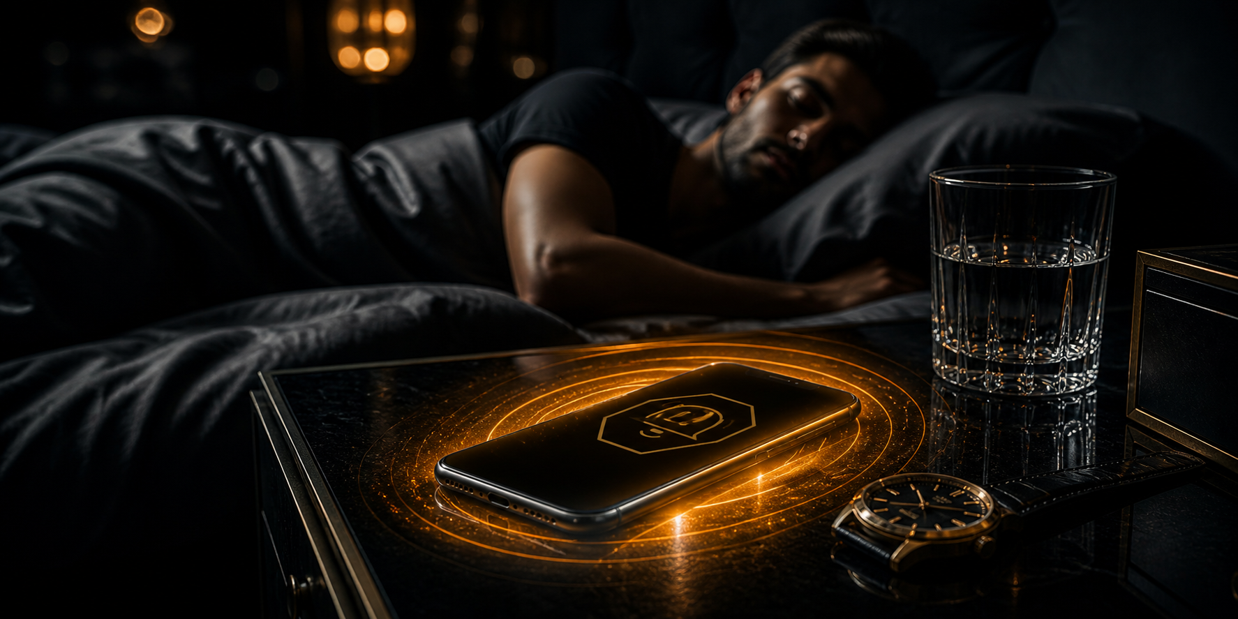 Phone glowing on a nightstand in a luxury bedroom