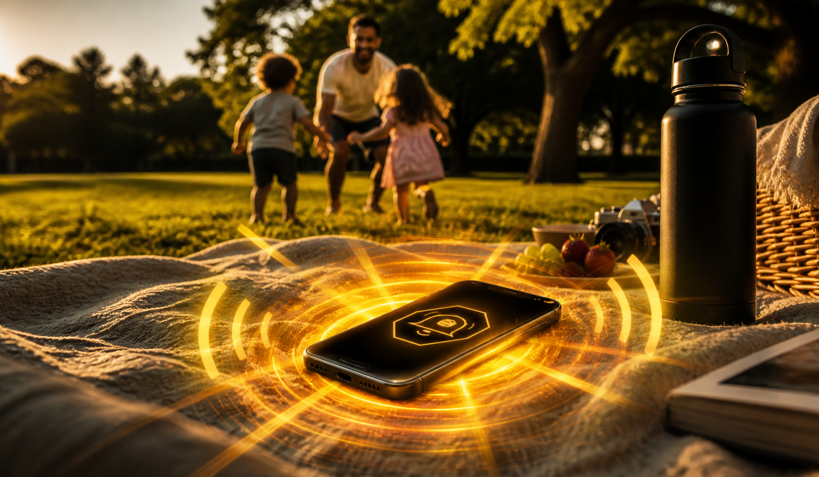 Family picnic, phone glowing nearby